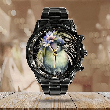 Discover Cute Kiwi Bird Flower Crown Floral Exotic Birds Calendar Steel Band Watch