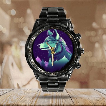 Discover Starry Night Wolf With Northern Light Colors Calendar Steel Band Watch