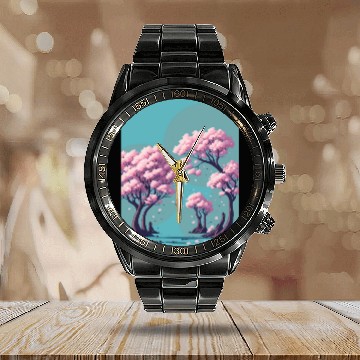Discover Cherry Blossom tress with falling flowers Calendar Steel Band Watch