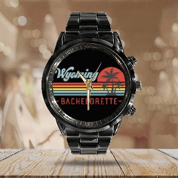 Discover Wyoming Bachelorette, Palm Trees & Vintage Sunset Calendar Steel Band Watch
