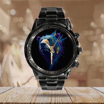 Discover Purple and Blue Paint Splash Art Bear Head Calendar Steel Band Watch