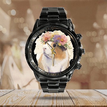 Discover Watercolor Guinea Pig Flower Crown Floral Boho Aes Calendar Steel Band Watch