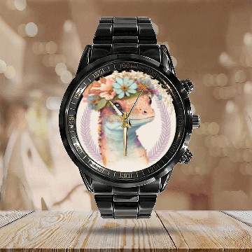 Discover Cute Watercolor Gecko Reptile Flower Crown Boho Ae Calendar Steel Band Watch