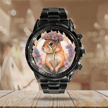 Discover Watercolor Chipmunk Flower Crown Hawaiian Boho Aes Calendar Steel Band Watch