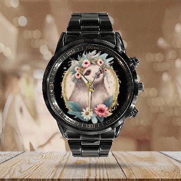 Discover Floral Sloth Flower Crown Cute Watercolor Calendar Steel Band Watch