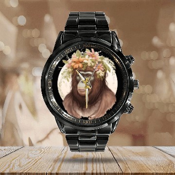 Discover Cute Watercolor Orangutan Flower Crown Floral Calendar Steel Band Watch