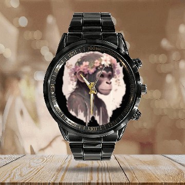Discover Artistic Watercolor Monkey Flower Crown Floral Ani Calendar Steel Band Watch