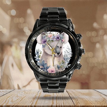 Discover Watercolor Koala Bear Flower Crown Floral Calendar Steel Band Watch