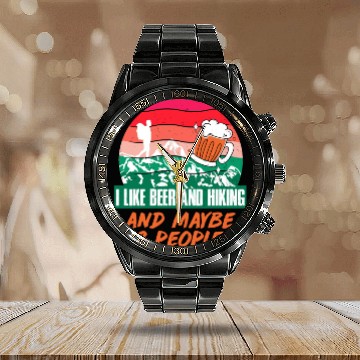 Discover I like Beer and Hiking Mountain lover Wanderlust Calendar Steel Band Watch
