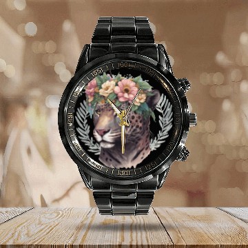Discover Watercolor Jaguar Flower Crown Wild Cat Lover Calendar Steel Band Watch