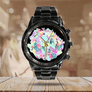 Discover Hibiscus Floral Tropical Blue Calendar Steel Band Watch