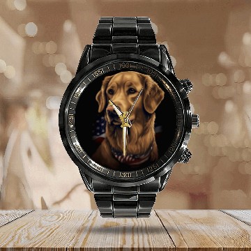 Discover Golden Retriever American Flag Dog Lover Calendar Steel Band Watch