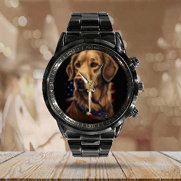 Discover Golden Retriever American Flag Dog Lover Calendar Steel Band Watch