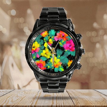 Discover ABSTRACT PAINTING basecolor WATERBASE FLOWER BLACK Calendar Steel Band Watch