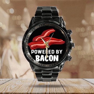 Discover Funny Saying Powered By Bacon Pig Farmer Humorous Calendar Steel Band Watch