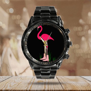 Discover Flamingo with boots art animal print bird pink Calendar Steel Band Watch