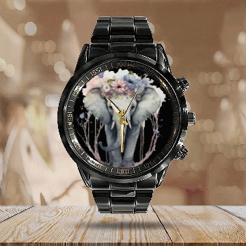 Discover Cute Elephant Flower Crown Floral Boho Aesthetic Calendar Steel Band Watch