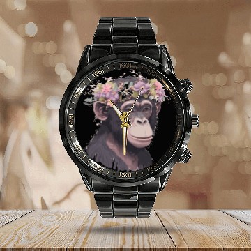 Discover Cute Chimp Chimpanzee Flower Crown Floral Ape Monk Calendar Steel Band Watch
