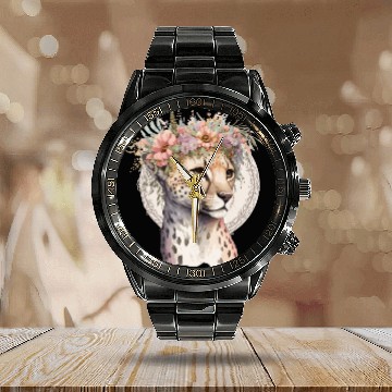 Discover Cute Cheetah Flower Crown Boho Aesthetic Calendar Steel Band Watch