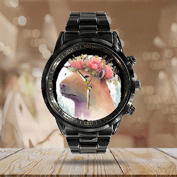 Discover Watercolor Capybara Rodent Flower Crown Animal Lov Calendar Steel Band Watch