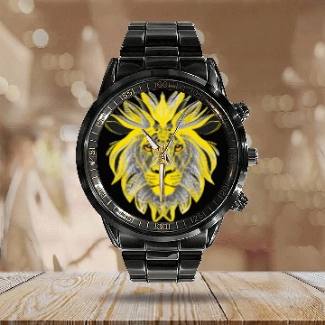 Discover Lion Art Design Portrait Illustration yellow Calendar Steel Band Watch