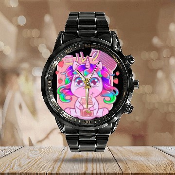 Discover Funny Kawaii Unicorn Strawberry Milk Shake Calendar Steel Band Watch
