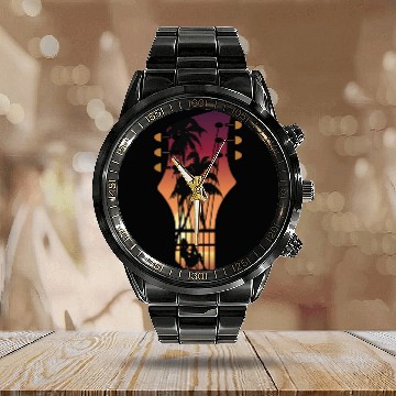 Discover Sunset View On Guitar Head Calendar Steel Band Watch