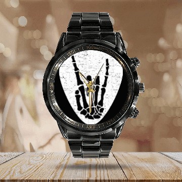 Discover Cool Rock And Roll Skeleton Hand On A Guitar Pick Calendar Steel Band Watch