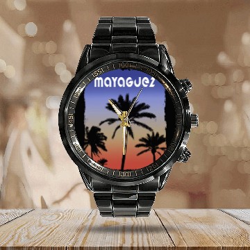 Discover Mayaguez Puerto Rico Sunset Vacation Souvenir Calendar Steel Band Watch