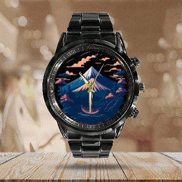 Discover Serene Mount Fuji Sunset Peaceful River Scenery Calendar Steel Band Watch