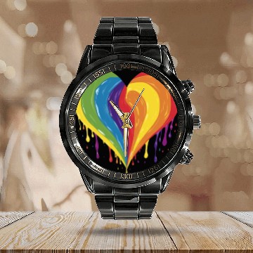 Discover LGBTQ+ Empowerment: Rainbow Heart, Support Gay, Calendar Steel Band Watch
