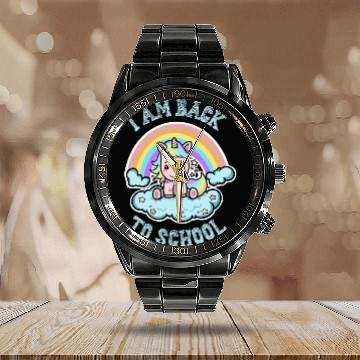 Discover Funny Back to School Kawaii Rainbow Unicorn Calendar Steel Band Watch
