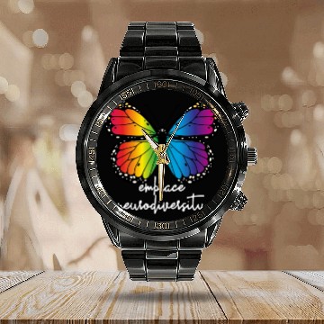 Discover Embrace Neurodiversity Butterfly Autism Awareness Calendar Steel Band Watch