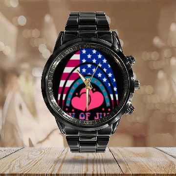 Discover 4th of July, Love America Calendar Steel Band Watch