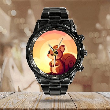 Discover Squirrel Round Sunset Design Calendar Steel Band Watch