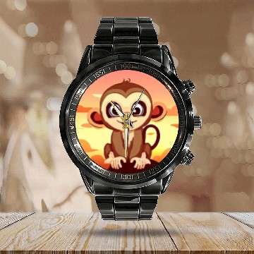 Discover monkey chimpanzee round sunset Calendar Steel Band Watch