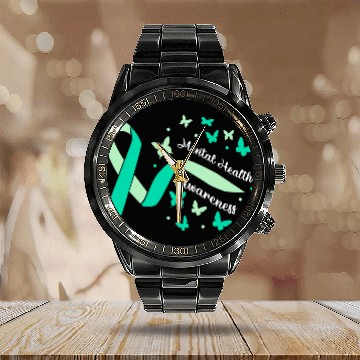 Discover Peace Love Mental Health Awareness Green Calendar Steel Band Watch