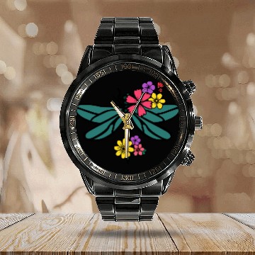 Discover dragonfly with colorful flowers Calendar Steel Band Watch