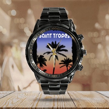 Discover Saint Tropez Sunset Vacation Souvenir Palm Tree Calendar Steel Band Watch