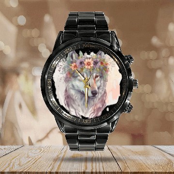 Discover Artistic Watercolor Wolf Flower Crown Floral Anima Calendar Steel Band Watch