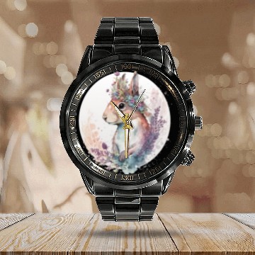 Discover Cute Watercolor Squirrel Flower Crown Animal Lover Calendar Steel Band Watch