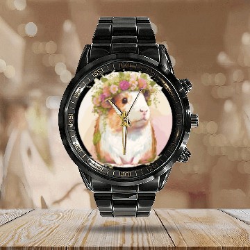 Discover Cute Guinea Pig Flower Crown Floral Pet Rodent Lov Calendar Steel Band Watch