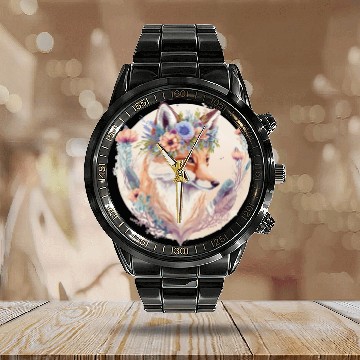 Discover Cute Watercolor Fox Flower Crown Boho Aesthetic Calendar Steel Band Watch