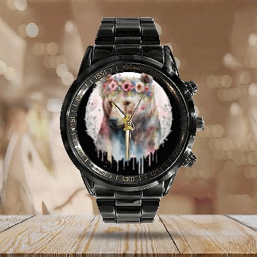 Discover Artistic Watercolor Grizzly Bear Flower Crown Boho Calendar Steel Band Watch