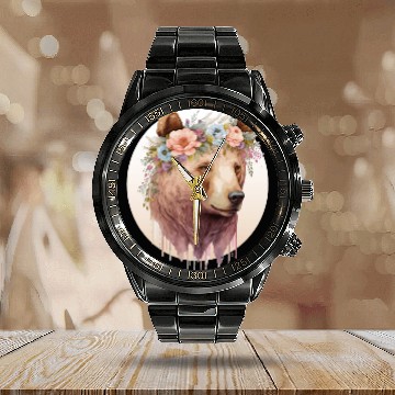 Discover Watercolor Brown Bear Grizzly Flower Crown Wild An Calendar Steel Band Watch