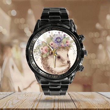 Discover Cute Watercolor Hedgehog Flower Crown Animal Lover Calendar Steel Band Watch