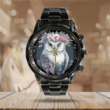 Discover Cute Snow Owl Bird Flower Crown Floral Birds Calendar Steel Band Watch