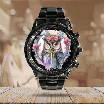 Discover Watercolor Owl Flower Crown Artistic Floral Birds Calendar Steel Band Watch
