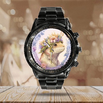 Discover Floral Bearded Dragon Flower Crown Pet Lizard Love Calendar Steel Band Watch