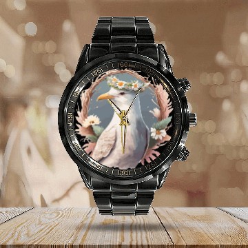 Discover Seagull Bird Flower Crown Floral Seabirds Calendar Steel Band Watch
